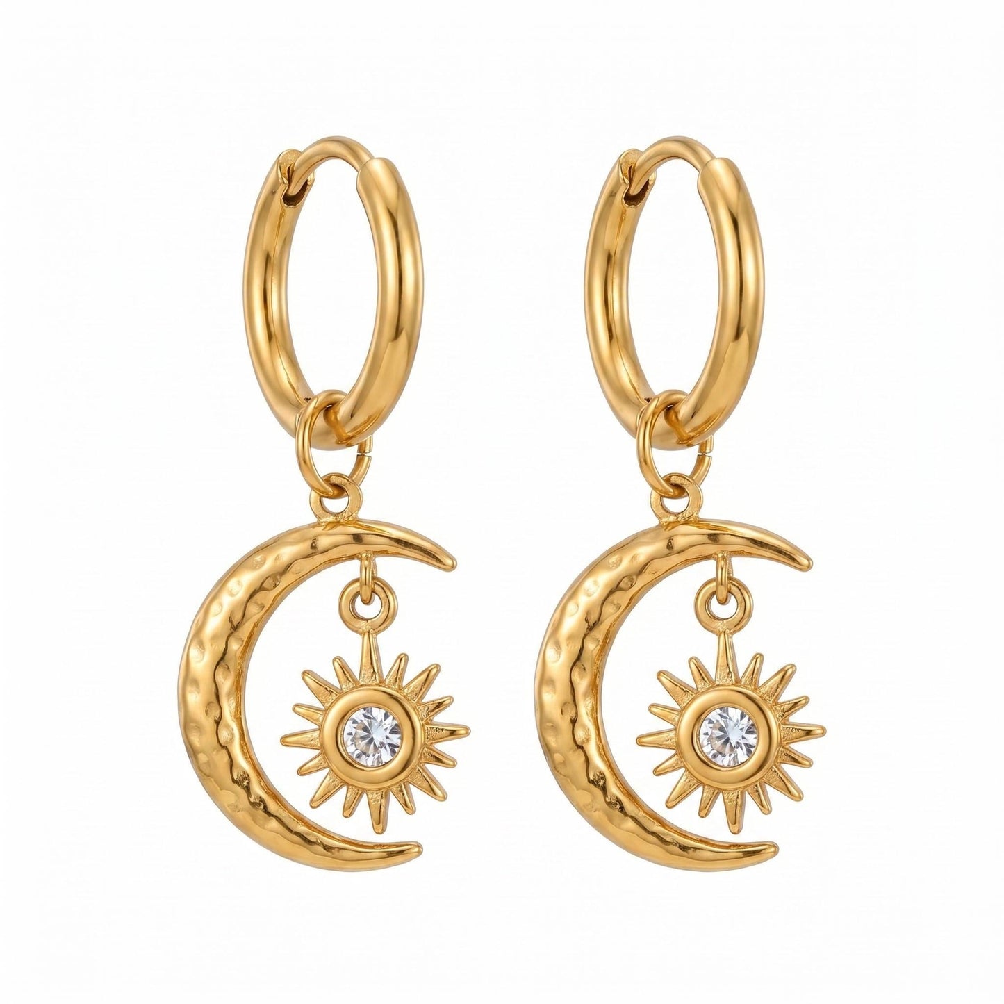GLANZI Solar Luna Ohrringe – Vintage Mond & Sonne Anhänger, 18K Vergoldet