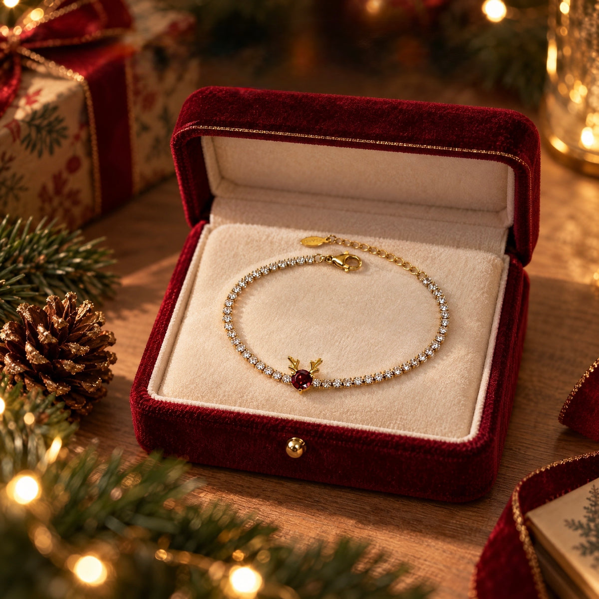 GLANZI Ruby Reindeer Schmuckset – Ohrringe, Halskette & Armband